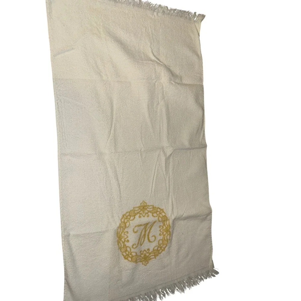 Vintage Ivory Monogrammed Towel Set Gold Letter M Fringe Guest Hand Towels